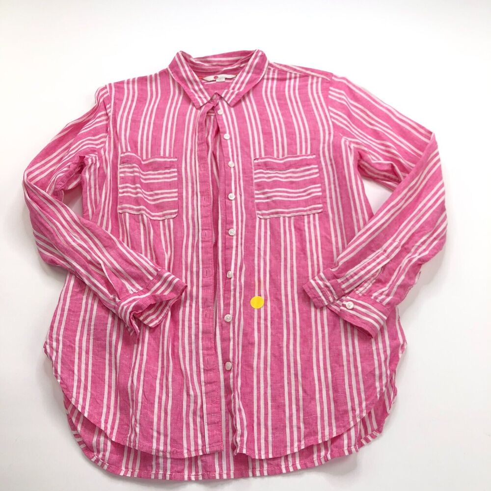 Boden 6 Pink 100% Linen Women's Button Long Sleeve Striped Shirt PLS READ